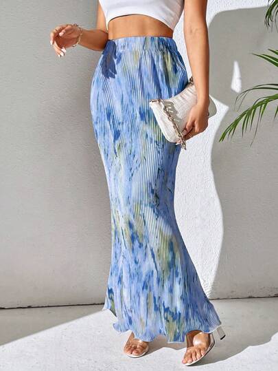 Celisse Spring And Summer Casual Pleated Elastic Waist Fish Tail Hem Long Skirt With Random Prints Maxi Women Fall Cloth For Women