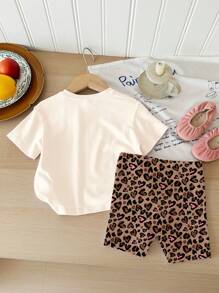 SHEIN 2pcs/Set Young Girls Casual Loose Fit Heart & Leopard Print Short Sleeve T-Shirt And Shorts Outfit Set, Summer