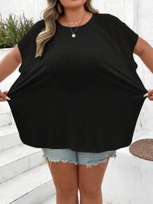 SHEIN CURVE+ Plus Size Color Block Lace Splicing Short Sleeve T-Shirt, Suitable For Vacation, Beach, Summer - Black - View 10