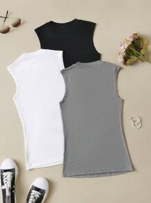 Chiquease Set de 3 camisetas deportivas informales sin mangas para mujer, tops de punto suave y elástico de unicolor