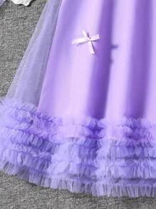 SHEIN Tween Girls' Bowknot Decor Mesh Patchwork Sleeveless Cute Dress - Purple - View 3