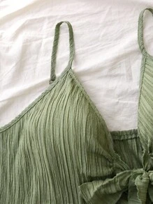 SHEIN VCAY Plus Frill Trim Shirred Knot Front Tube Top & Paperbag Waist Shorts,Sage Green,Summer,Boho,Beach,Holiday,Vacation Two Pieces Set For Plus Size Women - Khaki - View 5