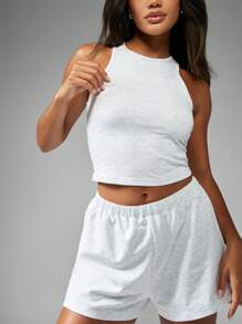 MISSGUIDED 无袖工字领短款上衣和高腰短裤套装运动休闲家居服两件套健身夏季运动休闲运动装 - 淺灰色 - 查看 3