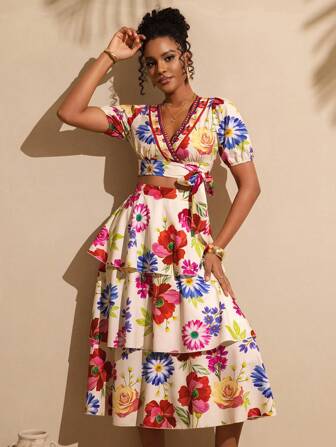 Vesra 2 件女士度假印花系带短款上衣和蛋糕裙套装