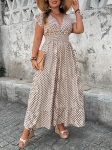 SHEIN Holidaya Plus Size Women Deep V-Neck Drawstring Waist Full Print Vacation Dress