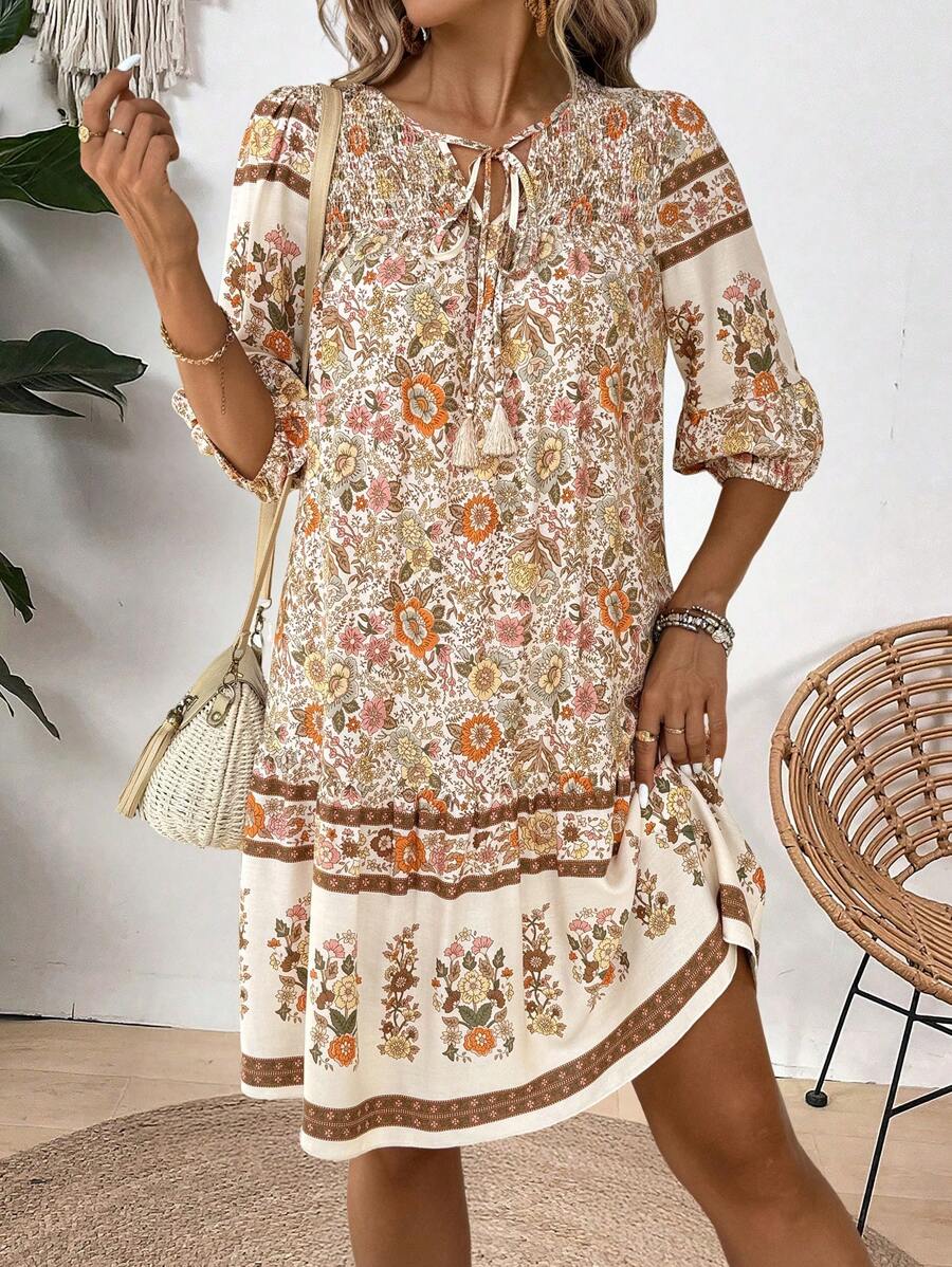 Breezaya Women Fashion Printed Lantern Sleeve Tie Neck Dress Vacation Beach Outfit
