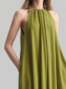 Ontre Mustard Green Bohemian Style Elegant Pocket Halter A-Line Dress - Green - View 1