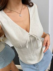 SHEIN EZwear 女士亚麻夏季吊带背心，适合度假穿着 - 杏色 - 查看 4