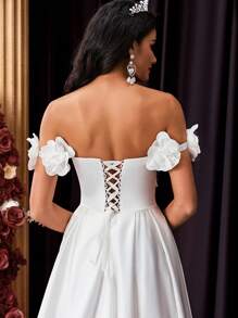 Glamrae Elegant White Satin Off The Shoulder Ruched Front Floral Decor Adjustable Tie Back Maxi Ballroom Dress With Dramatic Tail Train, Wedding Dress, Bride