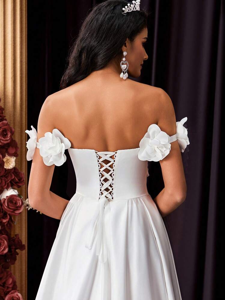 Glamrae Elegant White Satin Off The Shoulder Ruched Front Floral Decor Adjustable Tie Back Maxi Ballroom Dress With Dramatic Tail Train, Wedding Dress, Bride - White - View 7