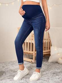 SHEIN Maternity High Waist Slim Fit Casual Versatile Denim Pants Maternity Jeans - Dark Wash - View 3