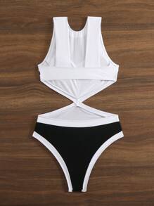 SHEIN Swim 女士性感紧身黑白休闲优雅 3D 花卉图案假日连体泳衣 - 黑與白 - 查看 5