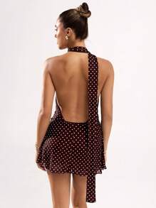 SHEIN BAE Women's Sexy Polka Dot Print Backless Mini Halter Dress, Summer,Business Casual Woman,Rave Outfits Festival,Summer Dresses For Women,Polka Dot Dress
