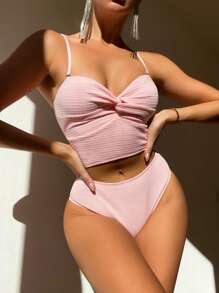 SHEIN Swim 2pcs Women's Spaghetti Strap Tankini Swimwear Set, Sweet Pink Versatile Casual Beach/Pool Party Swimwear - Pink - View 1