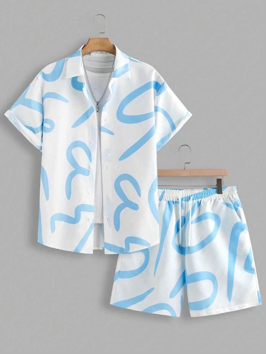 Manfinity Homme 2 件男士休闲套装：线条印花短袖单排扣衬衫和短裤