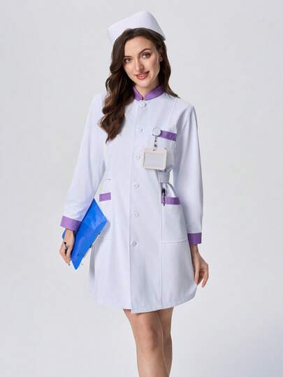 Scrubzie Vestido largo para enfermeras con mangas largas, cuello mao, y múltiples bolsillos en diseño de bloques de color