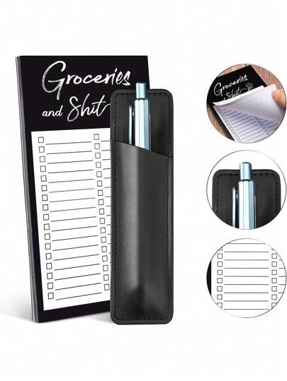Inköpslistor Rolig Memo Notepad Magnet Kylskåp Anteckningsblock med 1 bit pennhållare Magnetisk Pu Läder Markeringspåse -För shopping och att göra-listor (utan penna)
