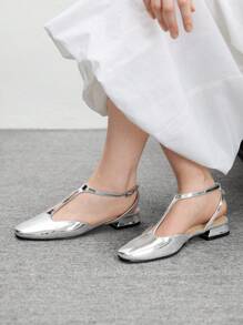 CUCCOO BIZCHIC Giày sandal đế bằng mũi vuông gót dày quai chữ T cho nữ, giày sandal hở mũi thời trang tối giản cho chuyến du lịch mùa hè, đa năng khi đi làm, phong cách cổ điển - Bạc - Xem 5