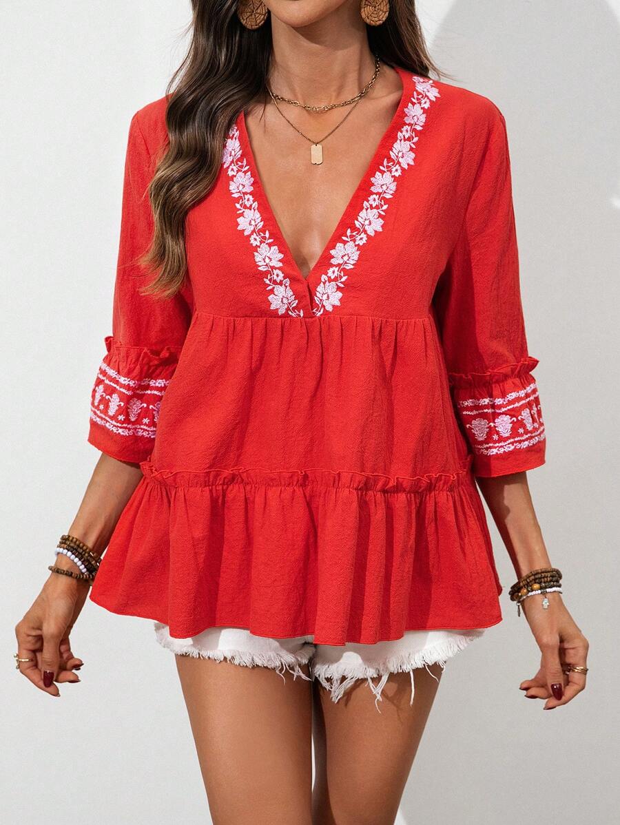 SHEIN VCAY 纯色编织 V 领荷叶边袖宽松女式衬衫 - 紅色 - 查看 1