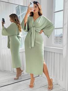 SHEIN Clasi Abito aderente mini donna taglie forti, di colore unito, con cintura in vita, maniche a pipistrello e spacco laterale