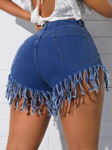SHEIN SXY Plus Size Denim Shorts With Tassel Trim, Fashionable For Summer - Blue - View 2