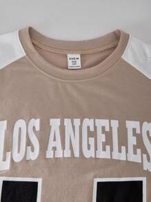 SHEIN Explorewe 2pcs/Set Tween Boys Letter Print Crew Neck Casual Loose T-Shirt & Sports Shorts Set - Apricot - View 3