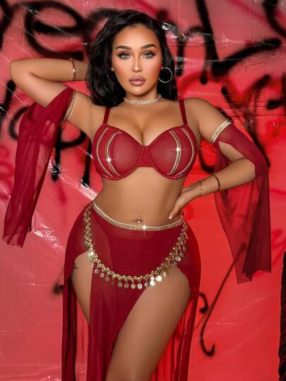 SHEIN 5pcs Plus Size Sexy Lingerie Set: Choker, Suspender Bra, Net Sleeves, Thong, Half Slip