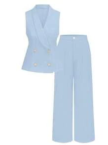 SHEIN Clasi Ensemble 2 pièces grande taille pour femmes : veste sans manches avec col châle et taille resserrée, et pantalon
