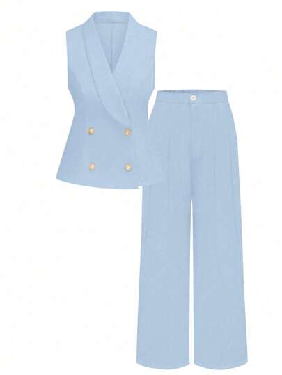 SHEIN Clasi Plus Size Women Shawl Neck Sleeveless Cinched Waist Jacket And Pants 2 Pieces Set Graduation,Back To School,Teacher Outfits For Women Winter Fall Autumn