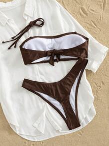 Swim Vcay 2 pezzi Bikini senza spalline con tracolla staccabile color marrone madreperlato, decorato con nappine, conchiglie e stelle marine, costume da bagno semplice e elegante per vacanze al mare per donne