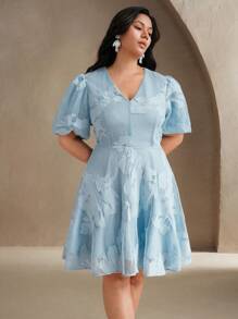 Anewsta Ladies' Plus Size Spring/Summer Mesh Embroidered Music Festival Bubble Sleeves Blue St. Patrick's Day Dress Festival, Casual, Vacation, Holiday, Elegant, Date Night, Beach - Blue - View 3