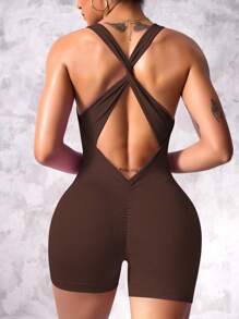 Easithlete 1pc Women's Twist Knot Yoga/Running Athletic Romper Demon Slayr - Coffee Brown - View 7