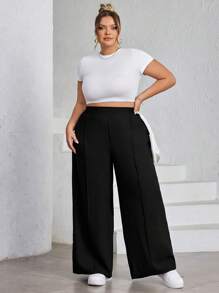 SHEIN CURVE+ Plus Size Women's Solid Color Pleated Pants, Black Loose Wide Leg Pants, Curve Plus, Boho Vacation