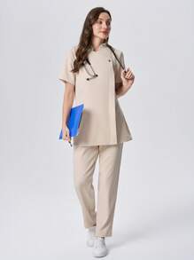 Scrubzie Solid Short Sleeve Scrubs Set (Top & Pants), Scrub Uniform - Apricot - View 3