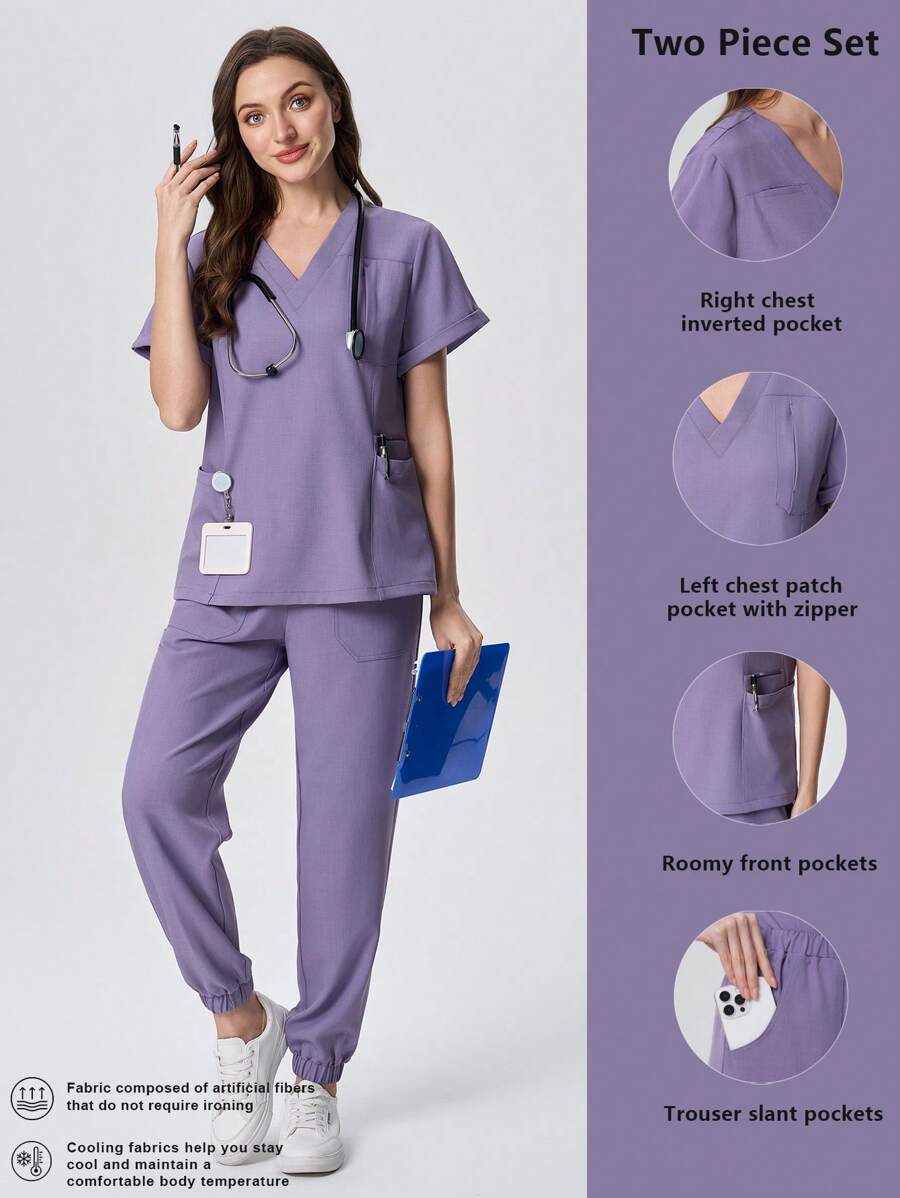 Scrubzie 2 件套女士手术服制服上衣，V 领，带口袋，带抽绳裤，抗皱