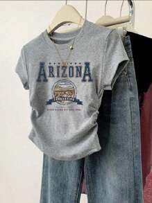 New Style Girls Teen Fashion Casual ARIZONA Letter Print Elastic Waist T-Shirt