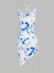 SHEIN Privé 优雅度假裹身 V 领不对称下摆侧抽绳印花迷你紧身吊带连衣裙 - 淺藍色 - 查看 2