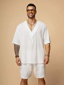 EASEVO Plus Size Men's Loose Jacquard White V-Neck Short Sleeve T-Shirt And Shorts Set - White - View 4