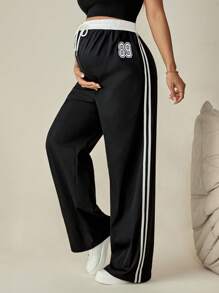 SHEIN Pantaloni casual da donna in gravidanza, con vita con lacci regolabili, a patchwork e righe laterali