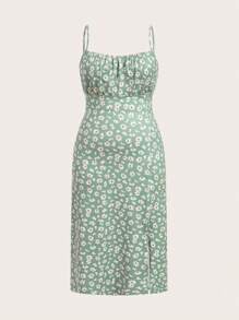 Solflare Plus Size Feminino, Roupas de Praia Femininas, Boho, Roupas de Primavera, Vestido de Festa de Natal Plus, Vestido Havaiano Feminino, Vestido Casual Feminino, Vestido Casual com Alças Finas e Estampa Dividida - Verde Azeitona - Ver 6