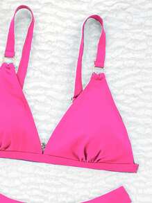 2026 Spring/Summer Women's Adjustable Strap Silver Ring Buckle V-Neck Fuchsia Side High Cut Bottoms Vacation Bikini 2-Piece Swimsuit - Hot Pink - View 4