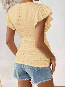 SHEIN Maternity Summer Casual Solid Color Hollow Out Embroidered Cap Sleeve T-Shirt - Yellow - View 2