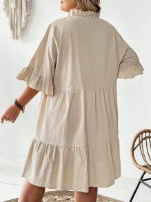 SHEIN CURVE+ Plus Size Women's Cotton Pleated Collar Satin Tie V-Neck Multi-Layer Pleated Edge Patchwork Dress, Breathable And Soft, Curve Plus, Boho Vacation Beach Outfits For Woman/Beach Dress/Beach Vacation Outfits/Beach Essentials / Graduation/Tea Party Dress