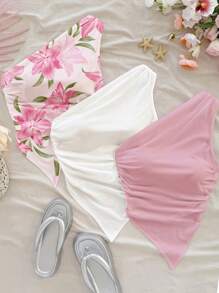 Soleia 3pcs/Set Casual Simple Floral Print & Solid Color White/Pink Women Top, Suitable For Summer Suitable For Going Out