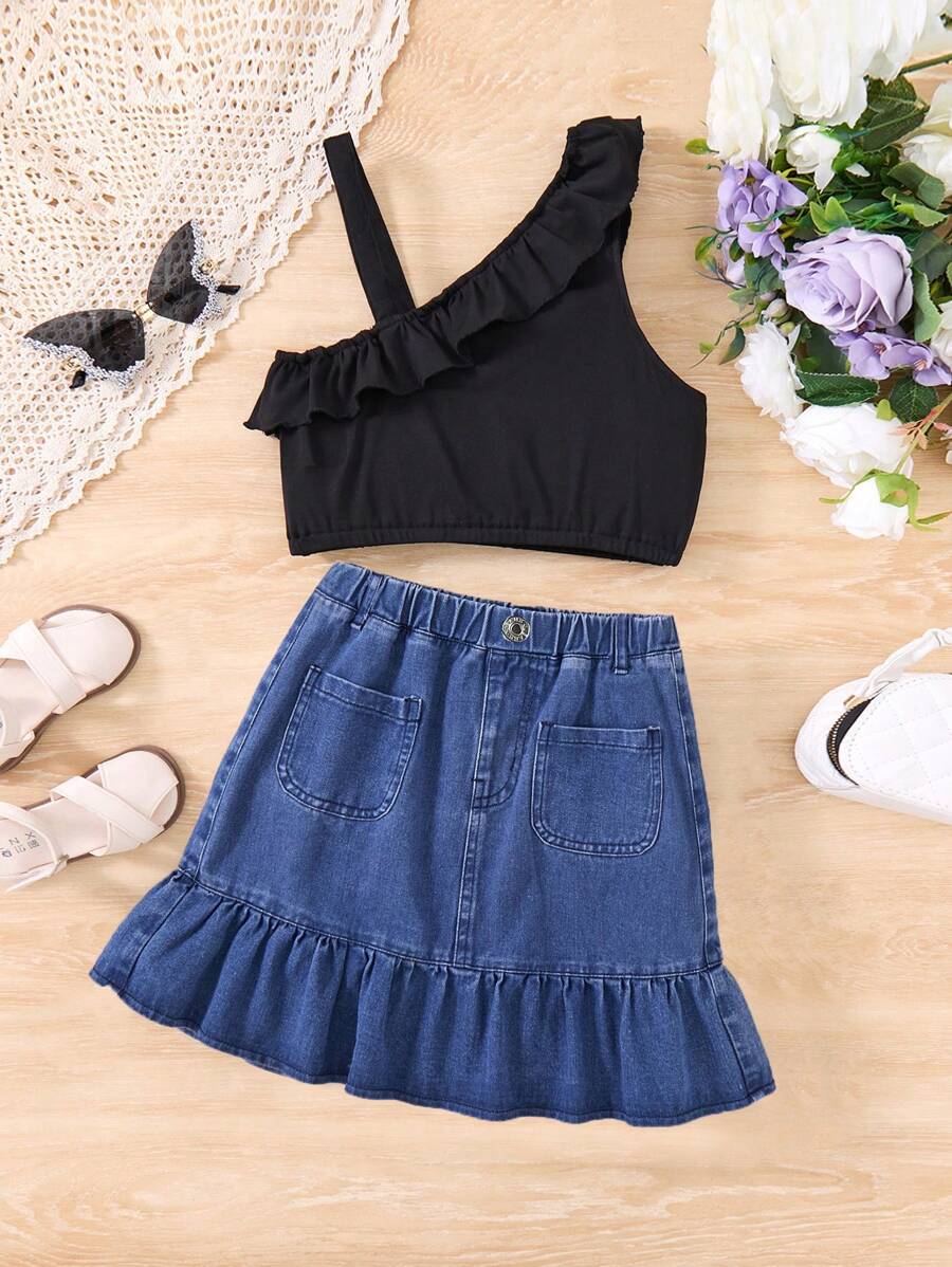 Váy denim cho bé gái tuổi teen có viền xếp nếp, thiết kế mới, mùa hè, váy chữ A & kiểu đuôi cá - màu đen - Xem 1