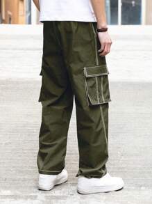 Claim Dot 男士抽绳腰部工装口袋阔腿宽松休闲裤阔腿男裤男士宽松工装裤工装裤男士宽松 - 軍綠色 - 查看 2