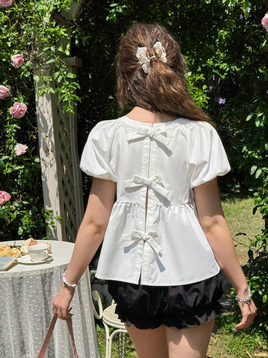SHEIN 2 件套青少年女孩宽松休闲蝴蝶结装饰泡泡袖衬衫和短裤套装 - 白色 - 查看 1