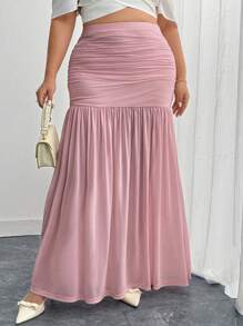 SHEIN Clasi Falda elegante de talla grande para mujer con detalle fruncido y bajo de cola de pez en unicolor - Rosa - Ver 9
