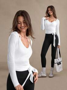 Easify SHEIN Sport Women's Casual Sports Tie-Up Long Sleeve T-Shirt, Lightweight Textured Design, Versatile For All Seasons