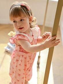 SHEIN Baby Girl Peter Pan Collar Pink Cap Sleeve Cute Bow Print Romper, For Daily Outing - Pink - View 6